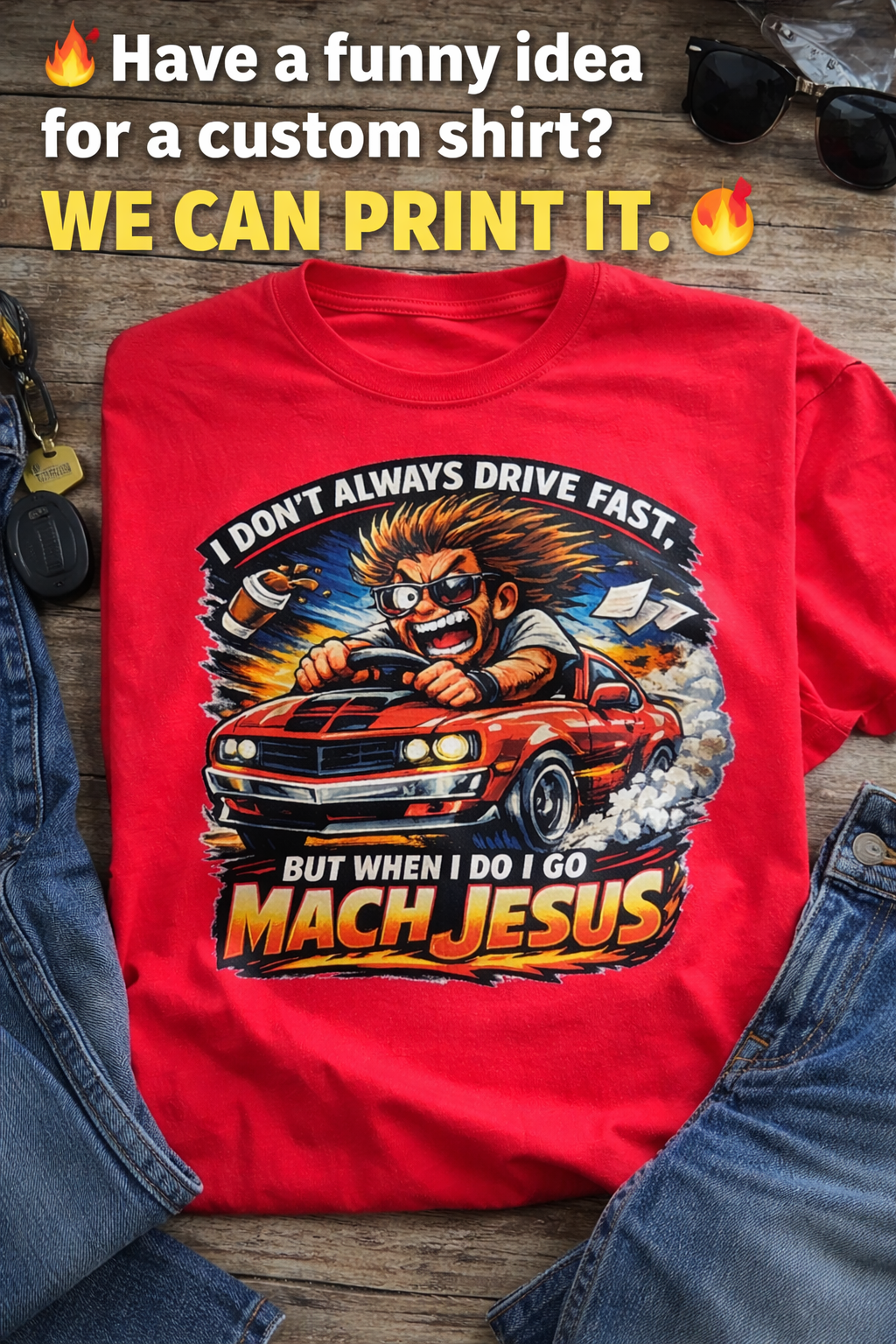 Red Mach Jesus custom printed t-shirt with funny car lover graphic and bold design