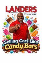 Landers Toyota NWA t-shirt with vibrant candy-themed design and "Selling Cars Like Candy Bars" slogan