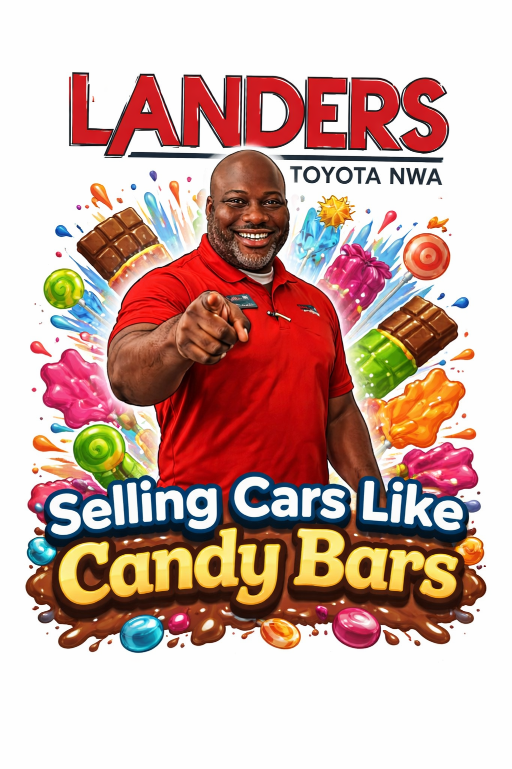 Landers Toyota NWA t-shirt with vibrant candy-themed design and "Selling Cars Like Candy Bars" slogan