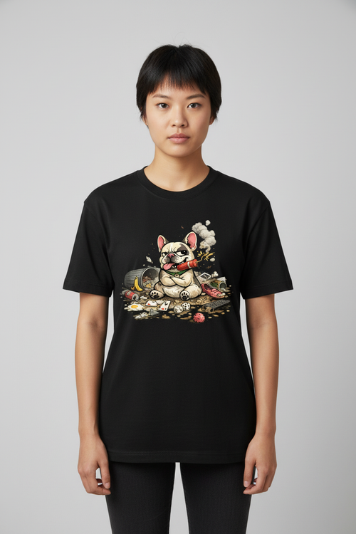 Chaotic French Bulldog T-Shirt Mockup on Model