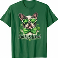 Lucky & Loved French Bulldog wearing shamrock sunglasses and green bow tie on St. Patrick's Day shirt with clover accents