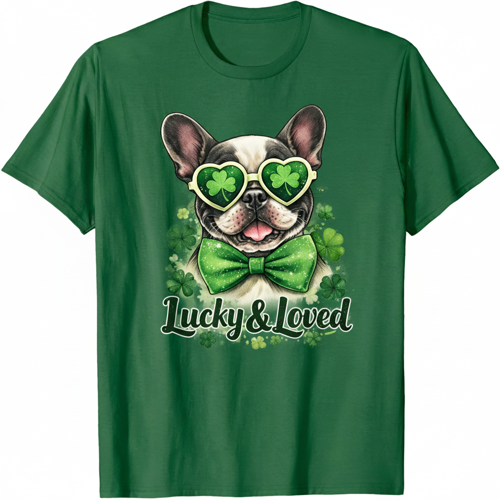 Lucky & Loved French Bulldog wearing shamrock sunglasses and green bow tie on St. Patrick's Day shirt with clover accents