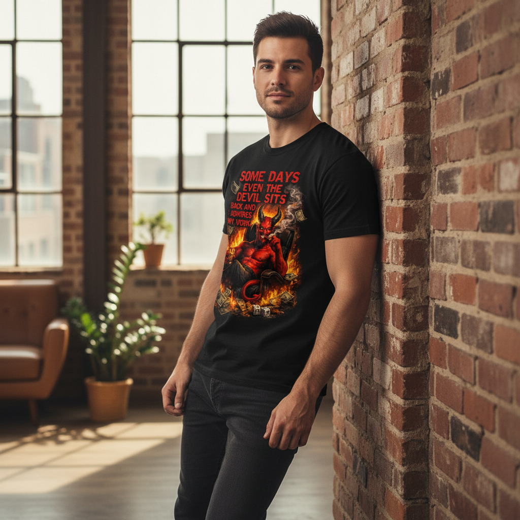 Black t-shirt with bold red "Some Days Even The Devil" text and fiery devil graphic surrounded by flames, money, and dice.