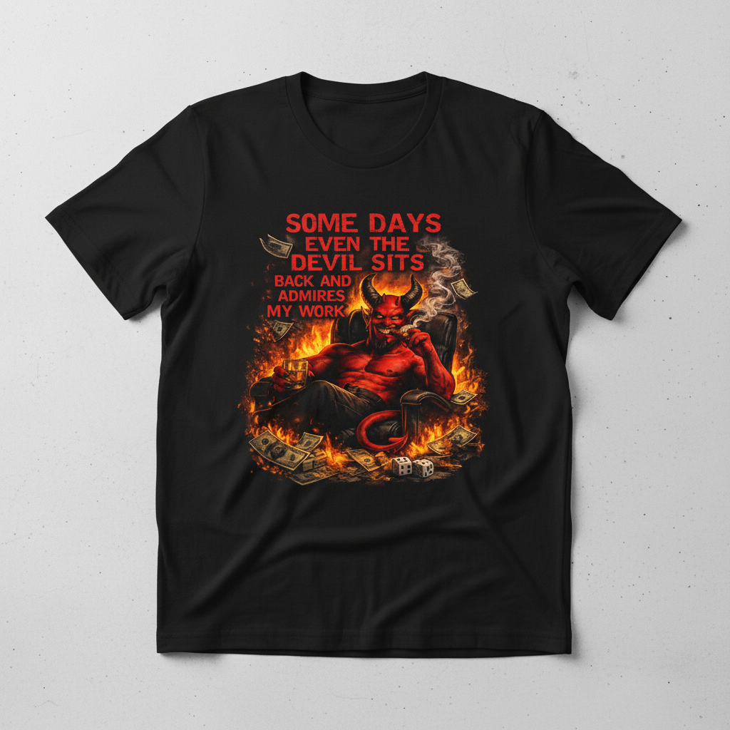Black t-shirt with devil graphic, flames, money, dice, and red text "Some Days Even The Devil Sits Back And Admires My Work"
