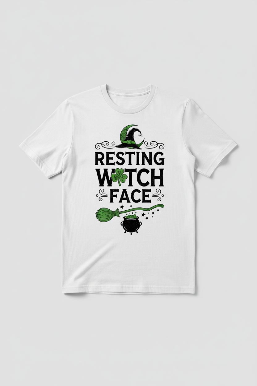 RESTING WITCH FACE design on white t-shirt mockup