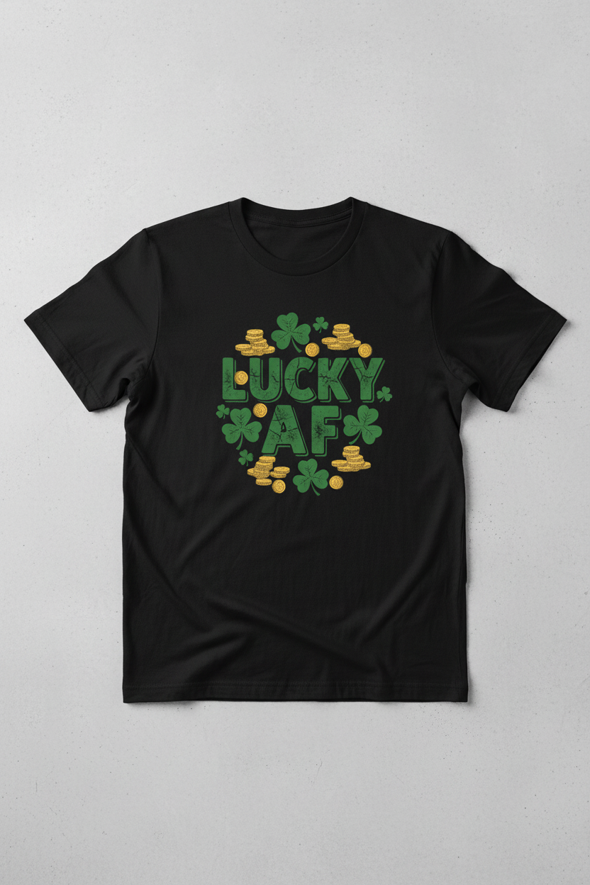 LUCKY AF design on black t-shirt mockup