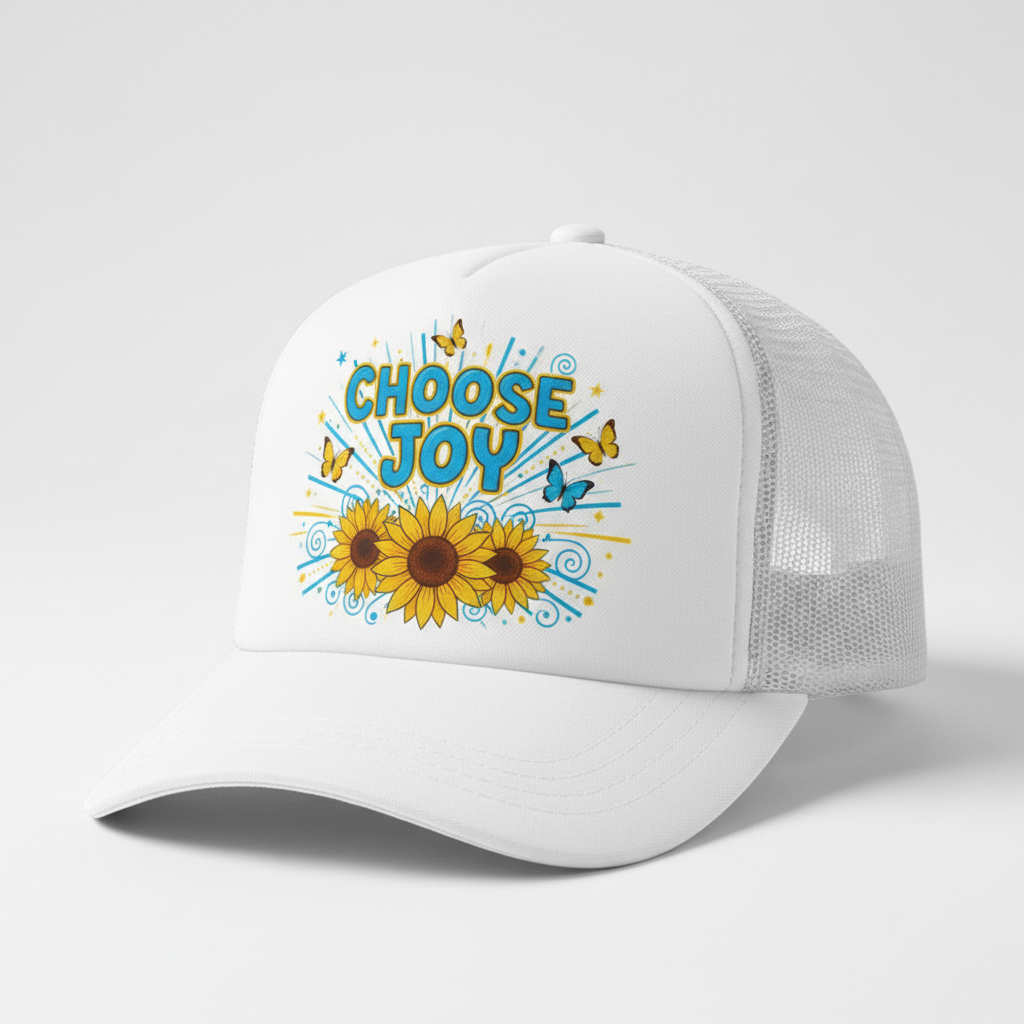 CHOOSE JOY design on white trucker hat