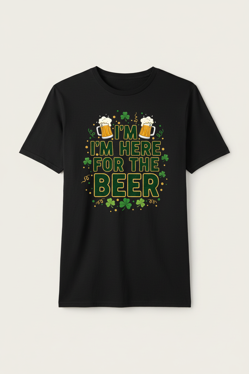 I'M HERE FOR THE BEER design on black t-shirt mockup