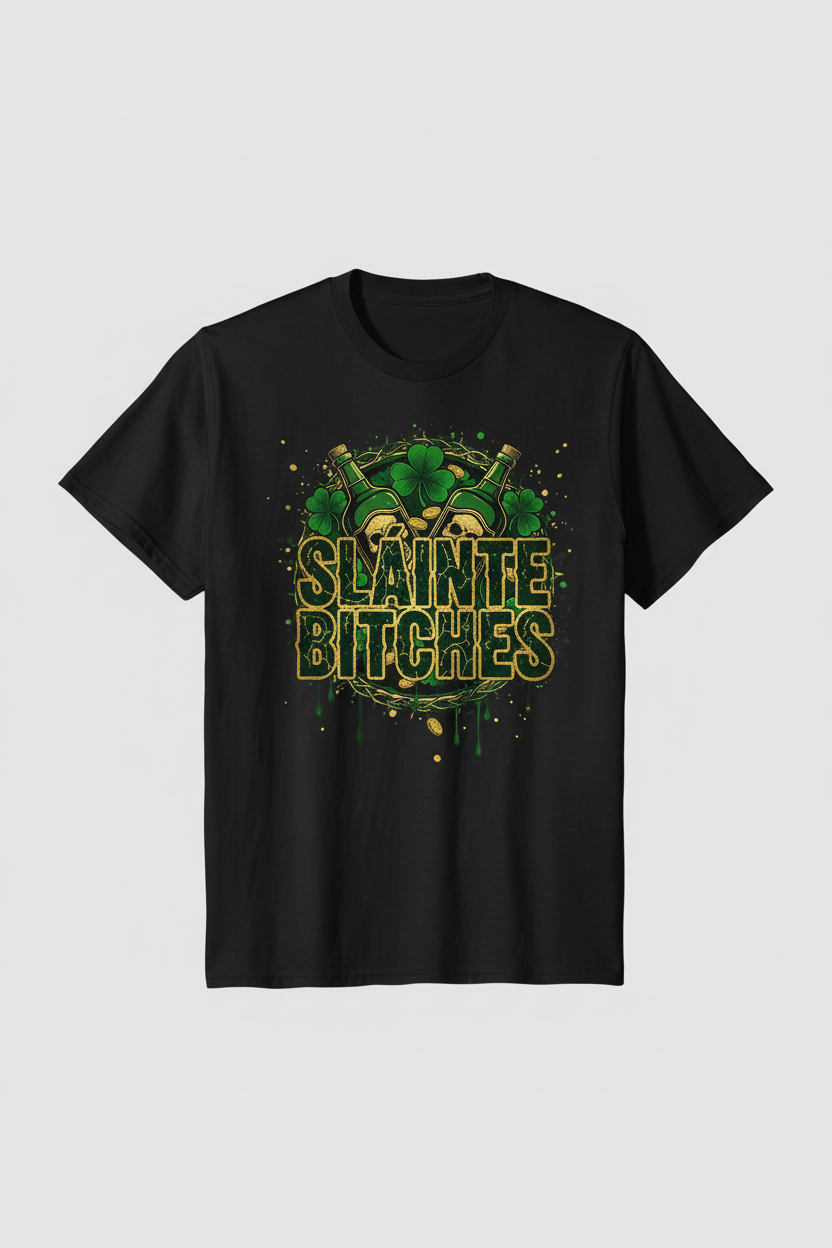 SLÁINTE BITCHES design on black t-shirt mockup