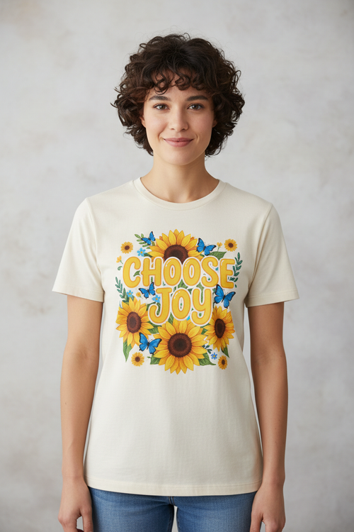 Person wearing CHOOSE JOY graphic tee with sunflowers and butterflies