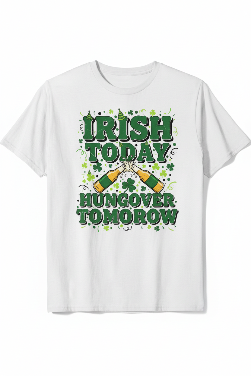 IRISH TODAY HUNGOVER TOMORROW design on white t-shirt mockup