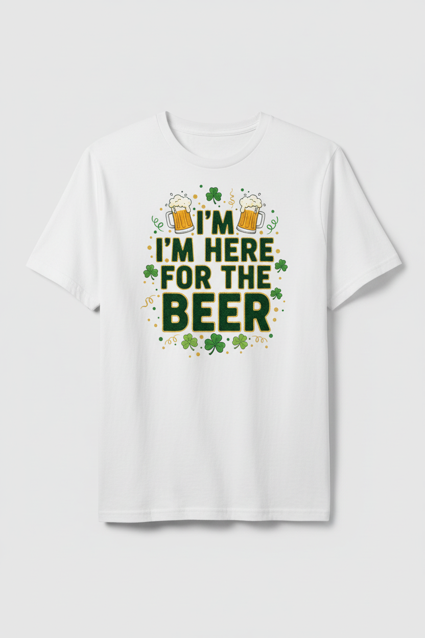 I'M HERE FOR THE BEER design on white t-shirt mockup