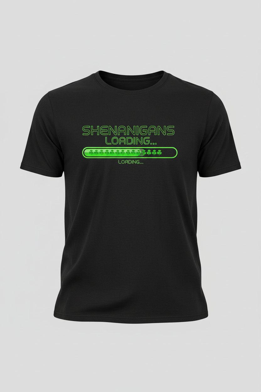 SHENANIGANS LOADING design on black t-shirt mockup