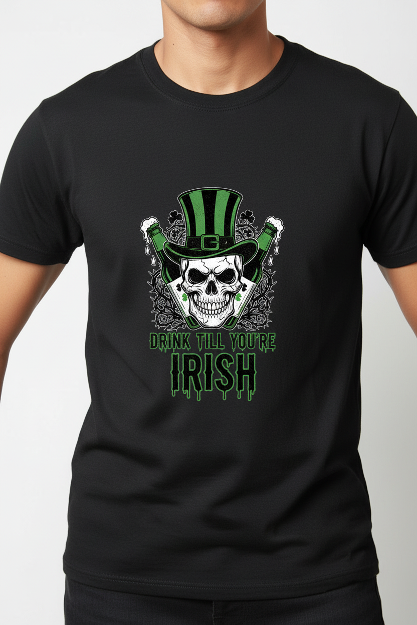 DRINK TILL YOU'RE IRISH design on black t-shirt mockup