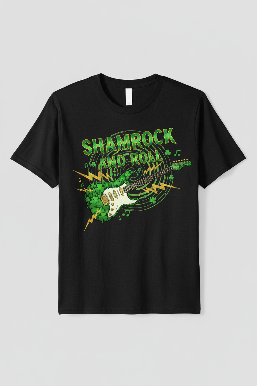 SHAMROCK AND ROLL design on black t-shirt mockup