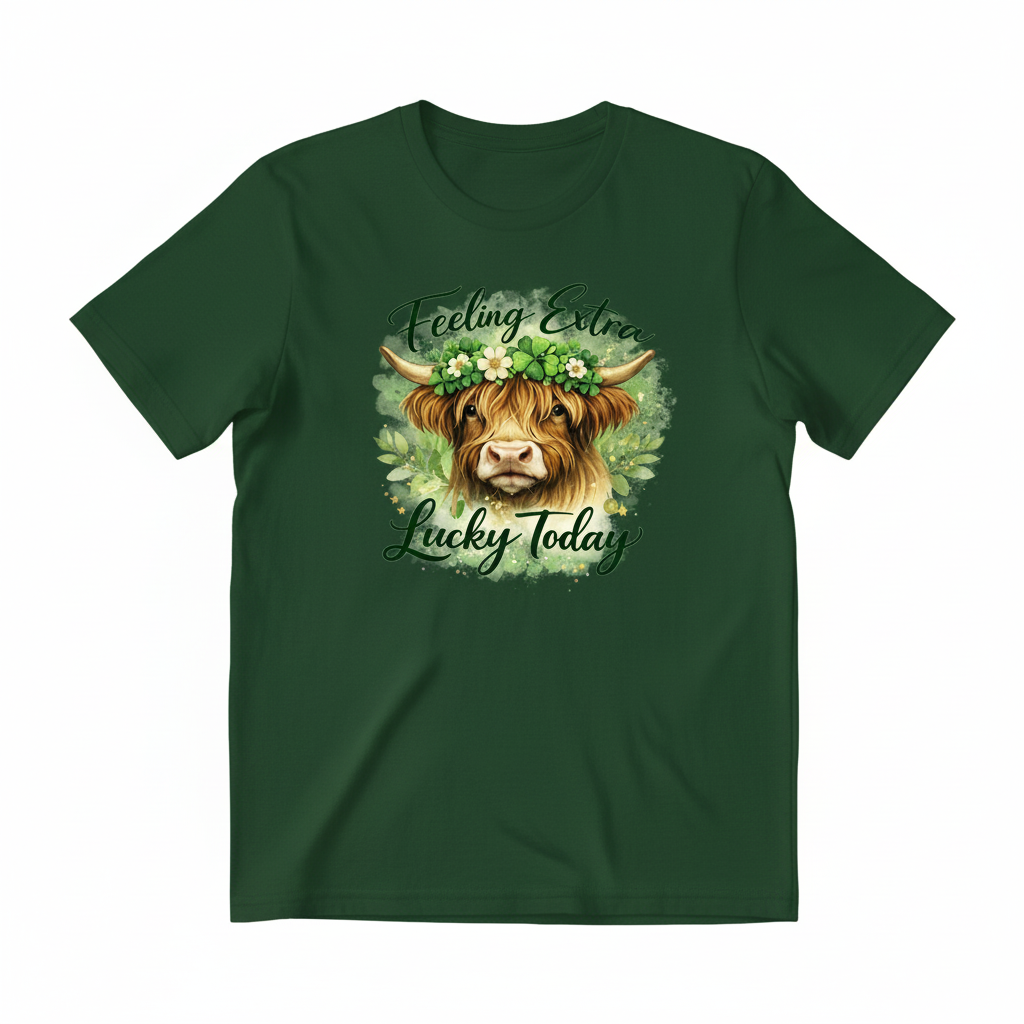 Feeling Extra Lucky Today Highland Cow on Dark Green Shirt