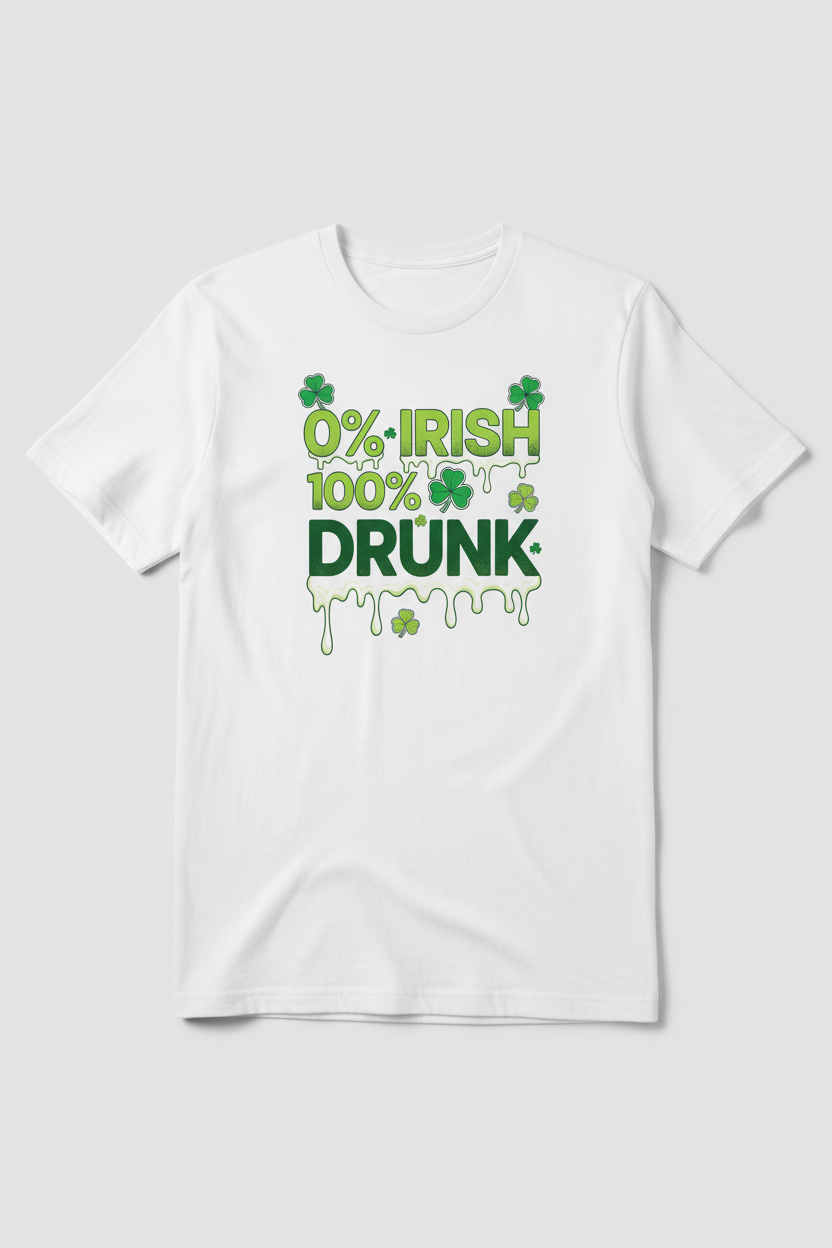 0% IRISH 100% DRUNK design on white t-shirt mockup