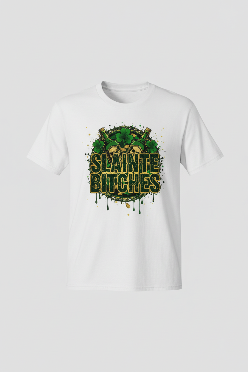 SLÁINTE BITCHES design on white t-shirt mockup