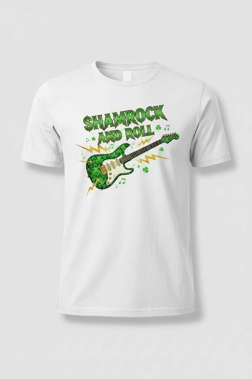 SHAMROCK AND ROLL design on white t-shirt mockup