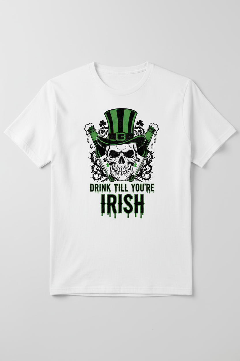 DRINK TILL YOU'RE IRISH design on white t-shirt mockup
