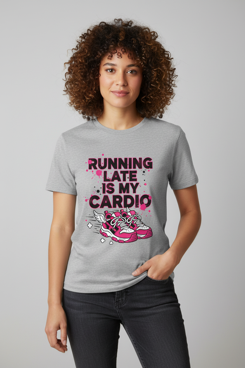 Person wearing RUNNING LATE IS MY CARDIO t-shirt