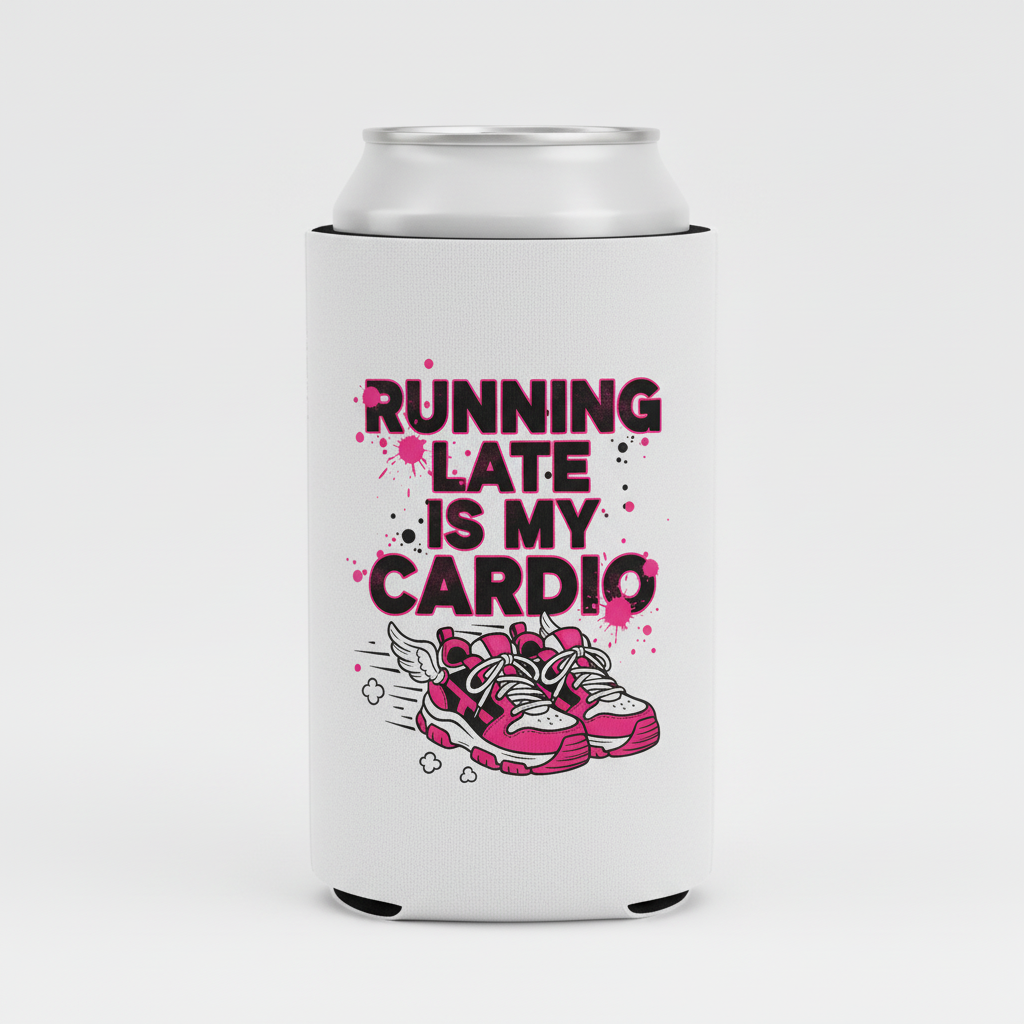 RUNNING LATE IS MY CARDIO design on white koozie