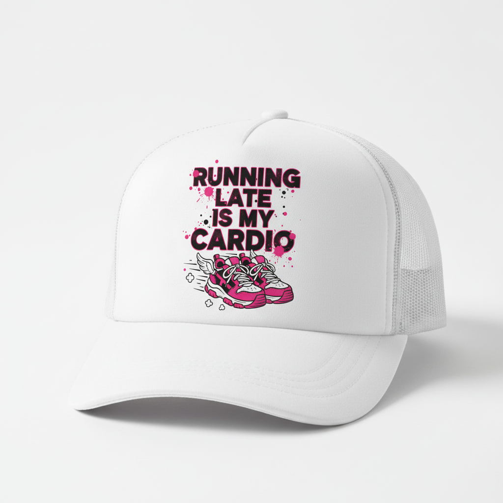 RUNNING LATE IS MY CARDIO design on white trucker hat