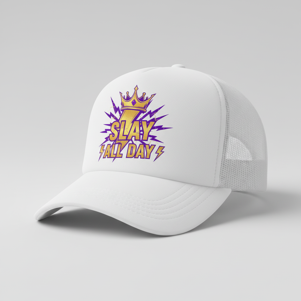 SLAY ALL DAY White Trucker Hat Mockup