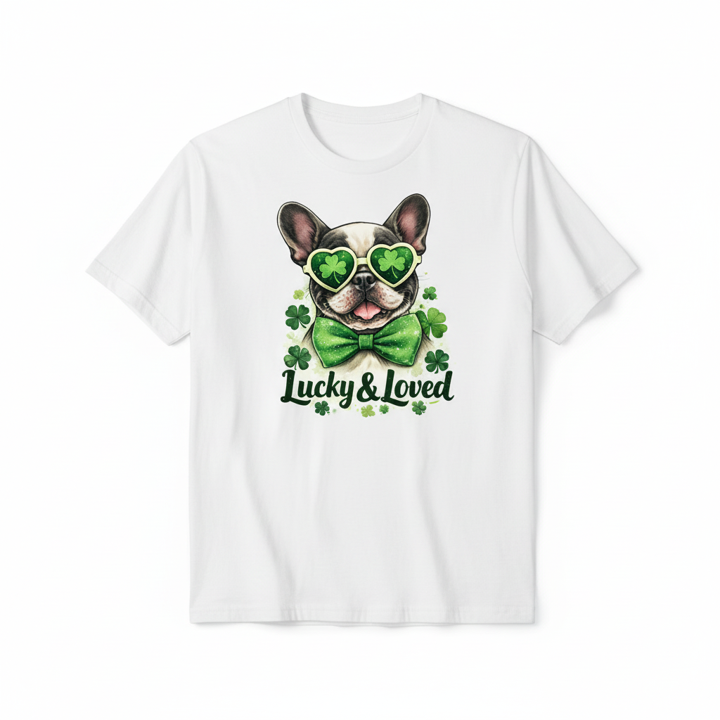 Lucky & Loved French Bulldog wearing shamrock sunglasses and green bow tie on St. Patrick's Day shirt with clovers